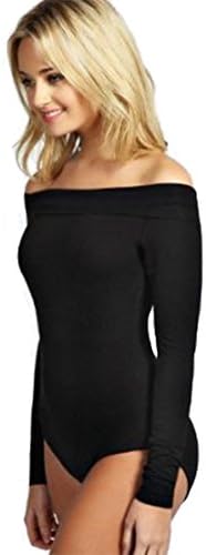 New Womens Long Sleeves Plain Off Shoulder Bardot Top Bodysuit Leotard Top