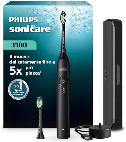 Spazzolino elettrico Philips Sonicare Serie 3100 - Spazzolino sonico con sensore di pressione, 3 intensità, EasyStart, SmarTimer, autonomia 14 giorni, custodia, nero, modello HX4034/22, [Nuovo]