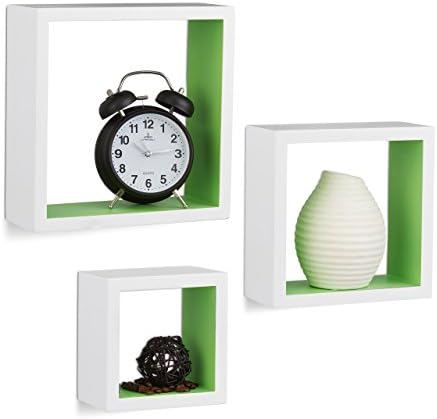 Relaxdays Cube Wall Shelf Set of 3, Cube Bookcase, Square MDF Floating Shelves, Various Sizes; White-Green
