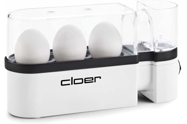 Cloer 6021 Cuiseur à Œufs pour jusqu‘a 3 oeufs, Information acoustique quand prêt, Verre mesureur avec pique-oeuf integré dans le couvercle, Porteur pour les oeufs amovible, 300 W, blanc
