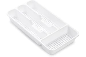 BRICOMIRAS Cubertero para cajón con 4 o 5 compartimentos con agujeros LIBRE BPA, organizador cubiertos con compartimentos apto lavavajillas, separadores de cajones para cocina 32cm (4compartimentos, Blanco)