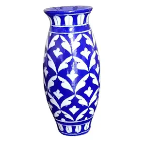 Aditya Blue Art Pottery Handmade Ceramic Quartz Handpainting Designer Flower Vase Blue Colour