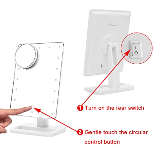 Ovonni L207A LED Touch Screen Kosmetikspiegel mit 10X Lupe 20 LEDs beleuchteter Schminkspiegel Rasierspiegel Dimmbar Batteriebetrieben weiß - 5