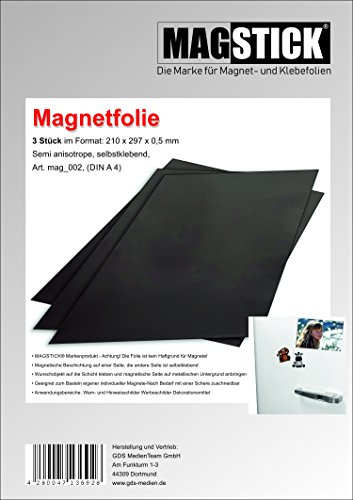 3 Stk. Magnetfolie 0,5mm Permaflex 518 Semi anisotrope, selbstklebend, Art. mag_002, DIN A4 - 5