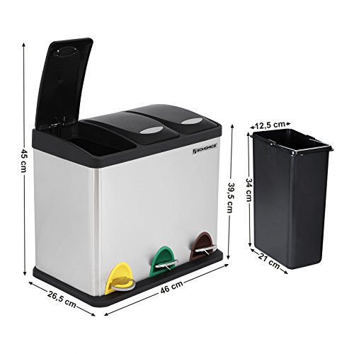 Songmics 24 L (3 x 8 L) Mülleimer Treteimer mit Inneneimer Mülltrennsysteme Abfalleimer LTB24L - 5