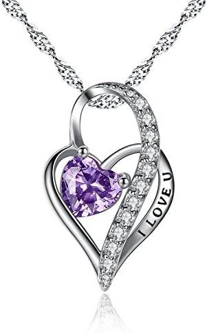 Sterling Silver Purple"I love you" Double Heart Love Heart Pendant Necklace