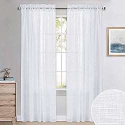 PONY DANCE Voilages Rideaux Blanc - Décoration de Maison Rideau Draperies Motif de Croix Voile en Lin avec Passe Tringle Souple pour Salon Romantique Elégant, L 132 x H 240 cm, Blanc, 2 PCs
