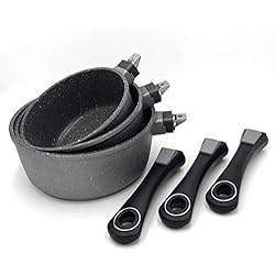 GREBLON Lot de 3 Casserole en Pierre Naturelle antiadhésif Haute qualités avec Couvercle en Verre trempé Tous Feux Dont Induction avec Manche Amovible Ø 16 cm, Ø 18 cm et Ø 20 cm