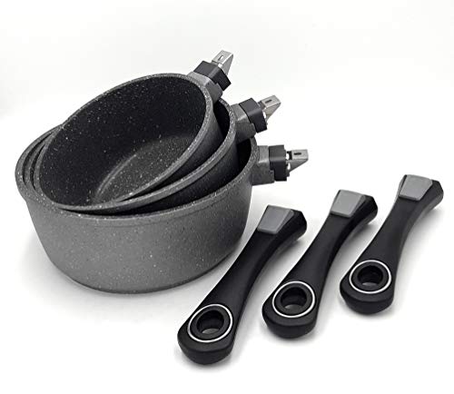 GREBLON Lot de 3 Casserole en Pierre Naturelle antiadhésif Haute qualités avec Couvercle en Verre trempé Tous Feux Dont Induction avec Manche Amovible Ø 16 cm, Ø 18 cm et Ø 20 cm