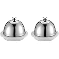 DOITOOL Ceramic Butter Dish with Stainless Dome Cover, Cheese Dish with Lid for for Countertop, Small Cheese Plate Serving Tray with Handled Lid for Dessert, Cupcake, Cream Cake, Appetizer (2PCS)