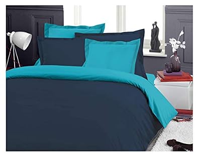 UNIVERS-DECOR Pack Complet 6 pcs Bicolore Housse de Couette lit 160 x 200 cm 100% Coton / 57 Fils/cm² (Marine/Turquoise, Pack Complet 6 pièces Bicolore lit 160 x 200 cm)