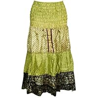 Mogul Interior Women's Sari Skirt Vintage Silk Lime Green Tiered Ruched Waist 2 in 1 M