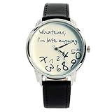 MJARTORIA Unisex Analog Quarzuhr Schwarz PU Leder Armband ''Whatever I'm Late Anyway'' Print Zifferblatt Uhr Damen Herren Armbanduhr Geschenk