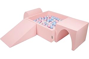 KiddyMoon Aire De Jeux en Mousse avec Carré Piscine À Balles (300 Balles) Fosses À Boules pour Enfants Jouets Parcours Obstacles, Fabriqué en UE, Rose:Babyblue/Rose Poudre/Perle