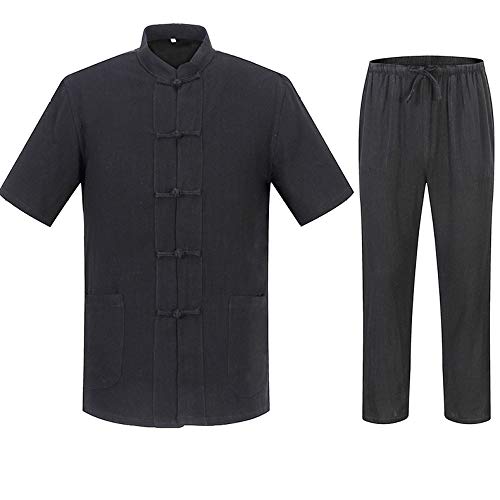 ssr Uomo Cotton Linen Tai Chi Uniforme Maniche Corte Kung Fu Uniforme Pankou Arti Marziali Performance Abbigliamento Tang Tuta di Mezza età,Black-185