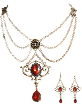 Klassisches Trachtenschmuck Kristall Collier Set - antikes Design - Rosenblüten Ornamente - Rubin Siam Rot