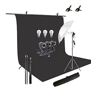 HIFFIN Black Screen Backdrop 6x10 ft with 9 ft Stand - 6x9 ft Photography Backdrop with 2 Pcs Clamps, 1PCs Carry Bag (T Shape Kit C2 C1 Black & Triple Holder Kit M1)
