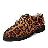  Zapatos de Cordones Derby Mujer Vintage Zapatillas Vestir Oxford Trabajo Brogue Calzado 3cm Primavera Estampado de Leopardo 38