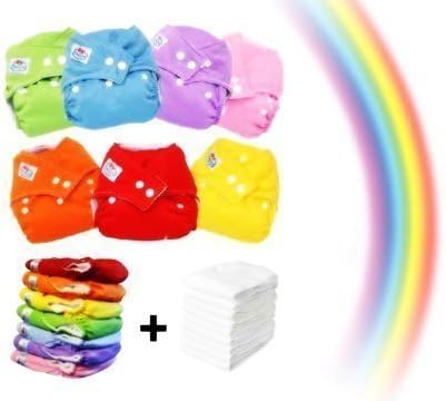 7x Adjustable, Colorful and Washable Baby Nappies + 7 Inserts / One size design: S M L all in one size
