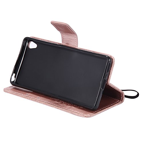 Sony Xperia XA Hülle,Sony Xperia XA Leder Sonnenblumen Hülle,Sony Xperia XA Lanyard Wallet Schutzhülle,BONROY® Retro geprägte Sonnenblumen Muster PU Leder Flip Hülle Wallet Case Tasche Cover Handytasche Schutzhülle Lederhülle Handyhülle in Book Style Stand Case mit Kredit Kartenschlitz für Sony Xperia XA-Rose Gold - 5