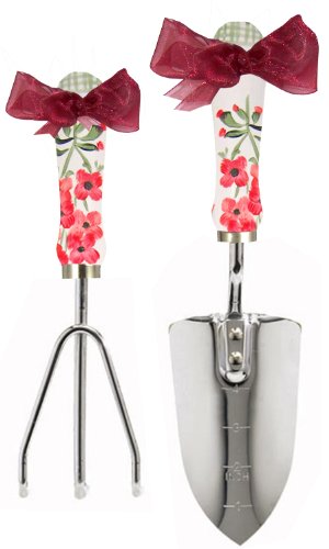Preisvergleich Produktbild CuteTools! Gartenschaufel aus Edelstahl mit DREI Zinken - Landschaftsinstrumente, handbemalter Holzgriff in den USA, langlebige Hof- und Gartengeräte Art for A Cause, Geranienrot