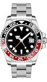 PARNIS 2034/9102 GMT BLACK & RED Herren-Automatikuhr Edelstahl-Gehäuse Edelstahlarmband Faltschließe Saphirglas Drehlünette Aluminium-Einlage 5 Bar wasserdicht