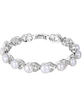 EVER FAITH® Silber-Ton CZ Cream künstliche Perle Elegant Dual Blätter Tennis Armband klar N06717-1