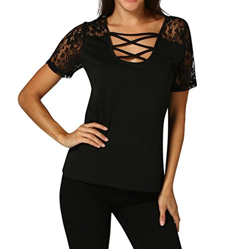 Preisvergleich Produktbild Damen Bekleidung DOLDOA Frauen Elegante Frühling Spitze Spleißen Oberteile Slim Hemd Bluse Casual Tops Kurzarm Solide O-Ausschnitt Trägerloser T-Shirt Mode Frühjahr-Sommer Blusen Schöne Pullover Sweatshirt (EU:44, Schwarz - 2)