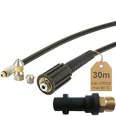 McFilter Tuyau | 30 m, de nettoyage de canalisation, 60 °C – avec buse fixé + buse rotative | avec adaptateur | Idéal pour nettoyeur haute pression Kärcher,... | de Mcfilter