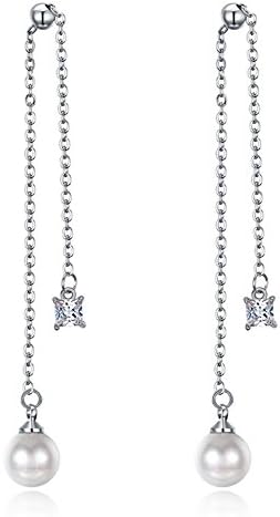 aruie Jewellery Long Chains Earrings Pearl CZ Stud Earring Anti-Allergy Rose Gold Copper Dangle Women Lady Girl Gift – Silver silver