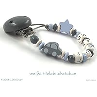 Schnullerkette mit Namen für Jungen 2 -7 Buchstaben Auto Stern - grau pastellblau weiß Holz - geprägte Holzbuchstaben Baby Geschenk - Taufgeschenk - Handarbeit