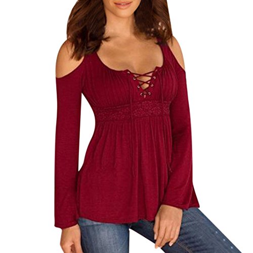 LazzboyDeep V Neck Off Shoulder Slim fit Drawstring Lace Patchwork Long Sleeve Tops Blouse Pullover Plus Size