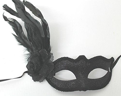 Schwarze Funkelnd Venezianische Maskerade Maske mit Blumen und Federn - 2