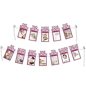 WISHKEY Thick Kraft Card Paper Birthday Monthly Milestone Photo Banner 1 to 12 Months Picture Banner for 1st Bday Party Decoration of Baby Boys & Girls (Pack of 1, Pink)
