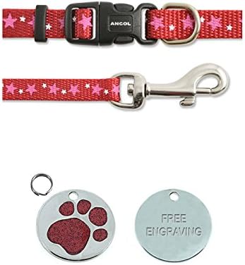 Ancol Red Stars Small Bite Bone Puppy Small Dog Collar and Lead Set With 25mm Glitter Paw Print ID Tag
