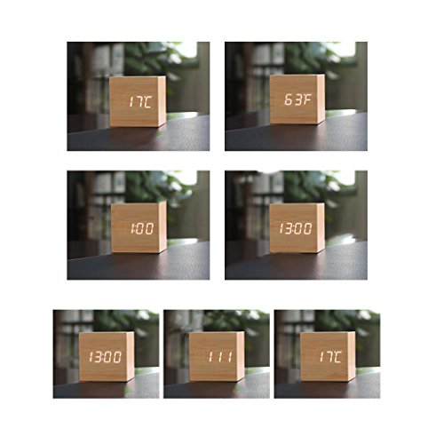Generic Kantholz LED Alarm Wecker Tischuhr Sprachsteuerung Sensor mit Thermometer Anzeige – Natur + Weiß - 3
