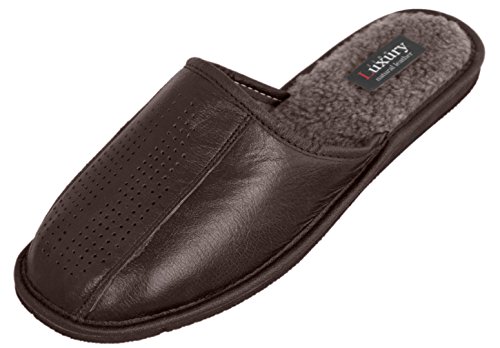 Pantuflas de cuero genuino para hombre, con plantilla anatómica o forro de lana varios colores, color Marrón, talla 41 EU
