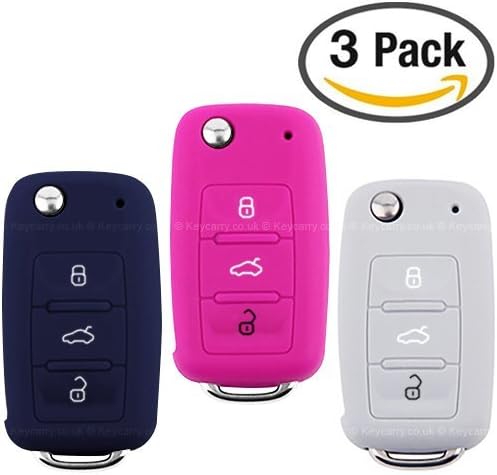 3 Pack VW SKODA Silicone Car Key Cover / Holder - Universal Accessories for Volkswagen VW Golf, Passat, Bora, New Beetle, Scirocco, Jetta, Touran, Fox, Polo, Tiguan, Eos, Sharan, Touareg, Phateon, Caddy, T5, Amarok, Lupo, Seat Altea, Alhambra, Leon, Ibiza, Exeo, Cordoba, Arosa, Skoda Octavia, Fabia, Superb, Roomster, Yeti (Navy, Pink, Grey)