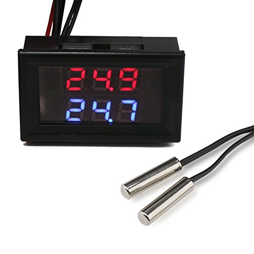 DROK® DC 4-28V Temperaturmesser Dual Digital Display Thermometer, 2 Stück Wasserdicht NTC Temperatursensor Sonde Hohe Präzision, Messung Temp Detektor Lehre für Auto / Raum / Kühlschrank / Wasser, rot und blau LED-Display