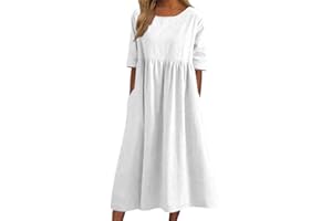 CENUHE 2023 Donne Cotone Lino Abito Manica Corta Crewneck Tasca Abito, Donna Estate Abito