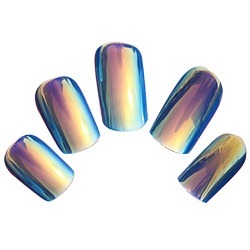 24 PCS of 12 Sizes Shining Reflective Mirror Effect Full Cover Artificial False Nail Tip Fake Nail Art Tips with Nail Glue Blue