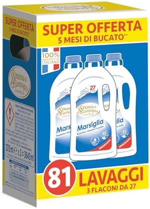 Spuma di Sciampagna - Detersivo Lavatrice Concetrato, Sapone di Marsiglia, Formula Concentrata Efficace Anche a Freddo, Igienizzante con 93% di Ingredienti Biodegradabili - 3 x 1215 ml, 81 Lavaggi
