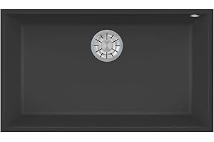 EVHOC Lavello di Design per Cucina 1 Vasca UNICUM L Sottotop, Lavandino in Kuarzite Vasca Unica, Piletta e Accessori per il Montaggio Inclusi, Made in Italy, Nero, 76x44 cm