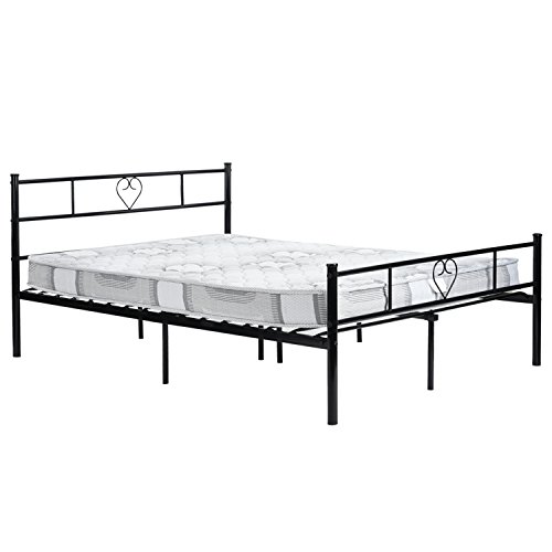 DORAFAIR Black Metal Double Bed Frame with Heartshape Headboard Suit for 135x190cm Mattress