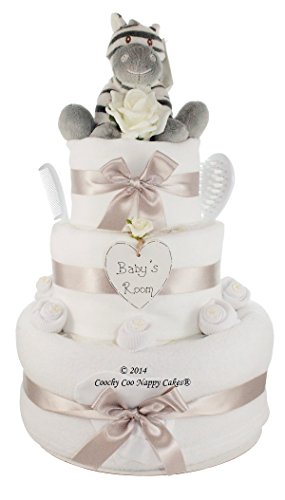Neutral Unisex Three Tier Zebra nappy cake baby gift with keepsake capsule FREE delivery