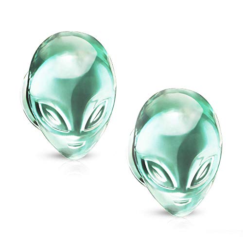 EG GIFTS Green Alien Face Ear Plugs Tunnels Pyrex Glass Double Flare Set of 2 (00g (10 mm))