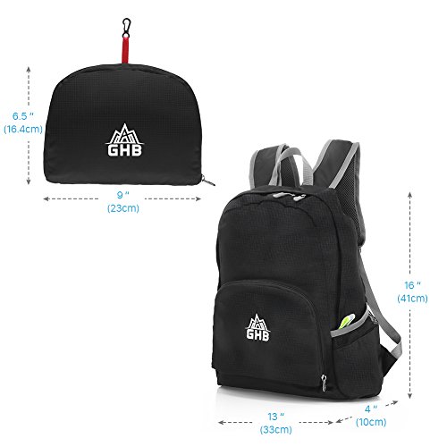 GHB Faltbarer Rucksack Ultraleicht Rucksack 25L Daypack,Leichter Faltbarer Rucksack für Männer, Frauen und Kinder für Outdoor Wandern Camping Reisen – Schwarz - 6