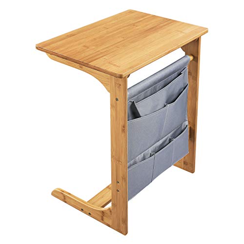 SONGMICS Mesa Auxiliar para Sofá, Mesa de bambú para Ordenador Portátil, con Bolsa de Almacenamiento, mesa auxiliar del café del escritorio de la mesa auxiliar lateral de la TV, bandeja portátil de la cama de la porción del desayuno para Comer, Escribir, Leer en Sofá y Cama, Natural y Gris, LNT53Y