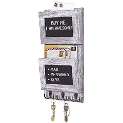 Trieuse de courrier rustique à 2 fentes pour mur avec surface pour tableau noir et 3 crochets à double clé-Support de courrier mural en bois-Décor mural pour entrée en bois de Paulownia- Blanc Rustic