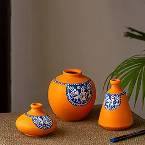 ExclusiveLane The Warli Tales Handpainted Terracotta Flower Vase (Set of 3, Orange, Blue & White, 5.2 * 5.2 * 5.2 inch)